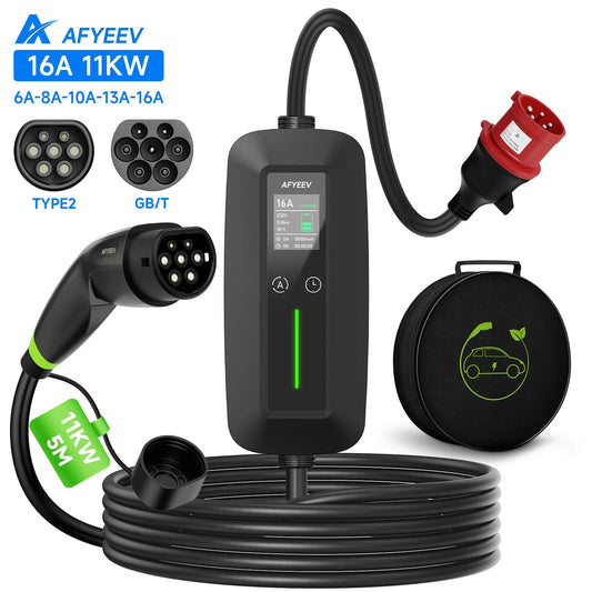 AFYEEV 11KW 16A Portable Type 2 IEC62196-2 EV Charger Adjustable Current Delayed Charging CEE Plug GB/T Electric Vehicle Charger